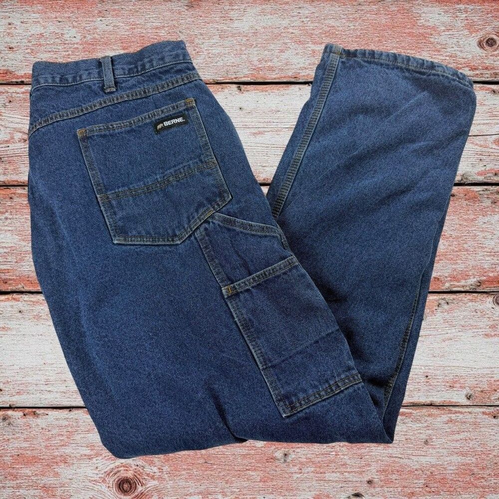 Berne Flannel Lined Carpenter Jeans Mens 38x32 Blue Denim Plaid Insulated Work